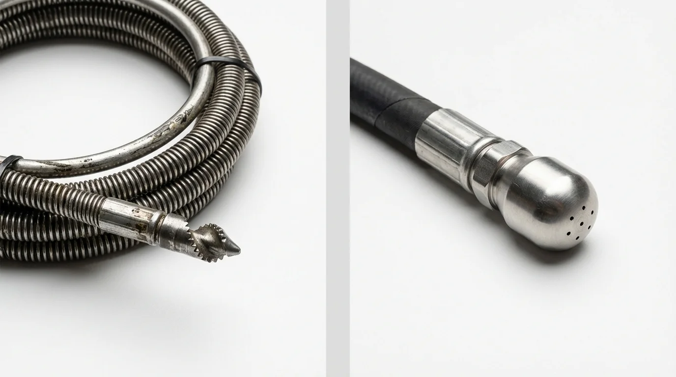 Drain snake cable and hydro jetting nozzle used for drain cleaning in Liberal, KS