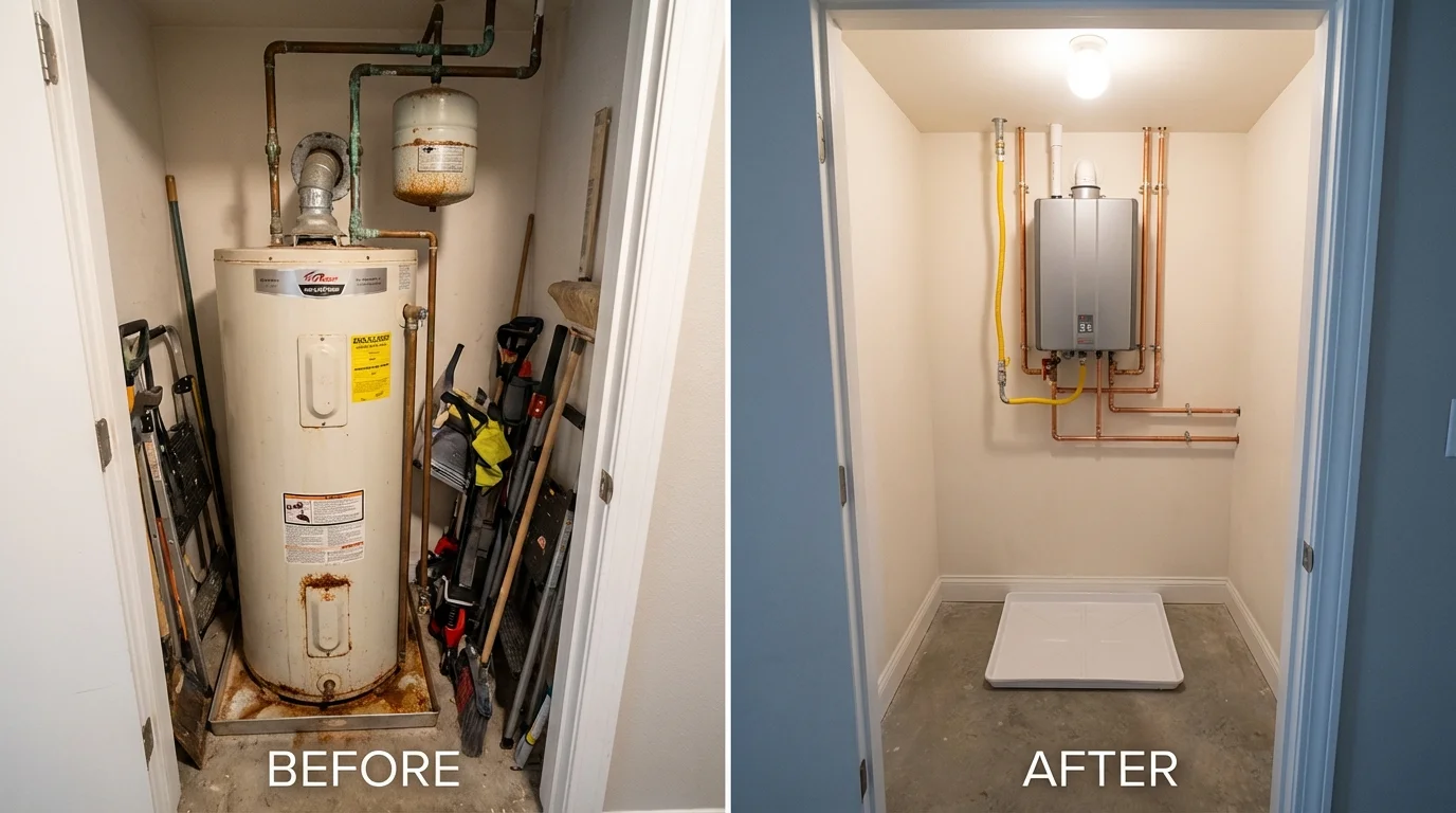 Tank water heater versus wall-mounted tankless unit comparison for Liberal, KS homeowners