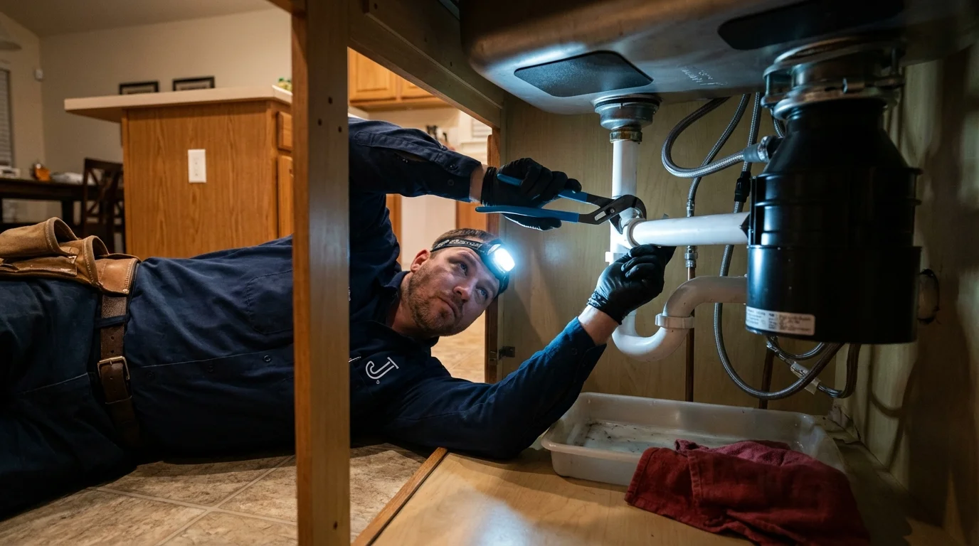 P-trap and supply line connections under a kitchen sink showing a common leak point in Liberal, KS